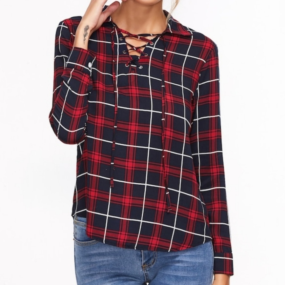 Tartan Plaid Lace Up Blouse Size S